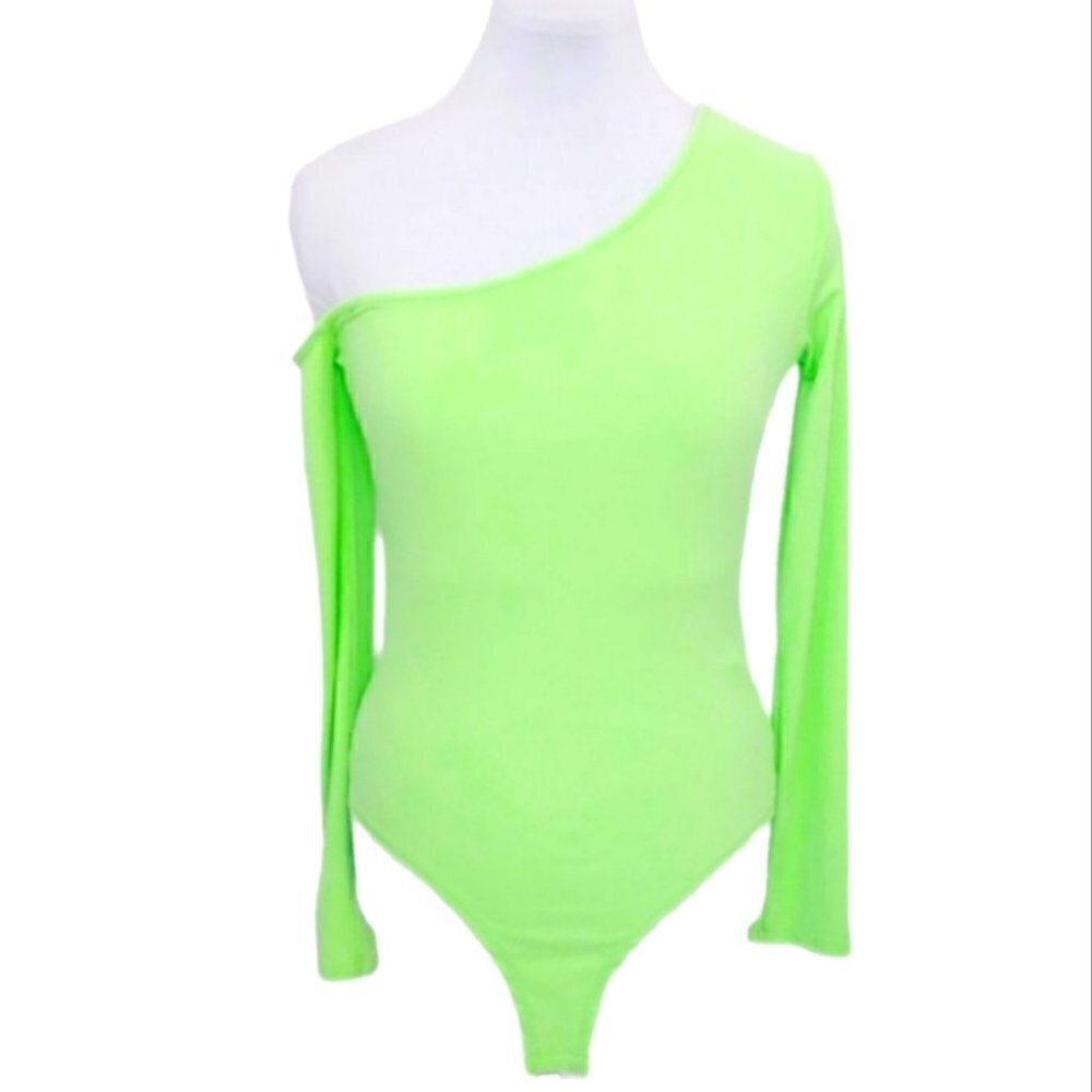 NWOT DEBASE off-shoulder ribbed long sleeves neon green bodysuit